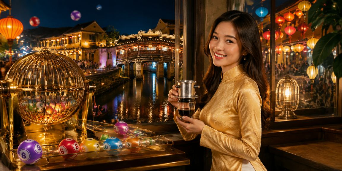 Phụ nữ mặc áo dài tại Hội An xem kết quả xổ số trực tuyến trên điện thoại